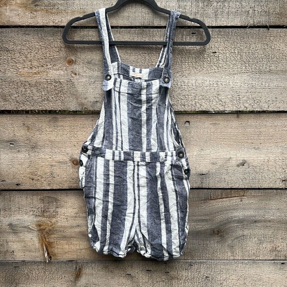 April Kiss Women's Blue And White Linen Blend Striped Romper Overalls